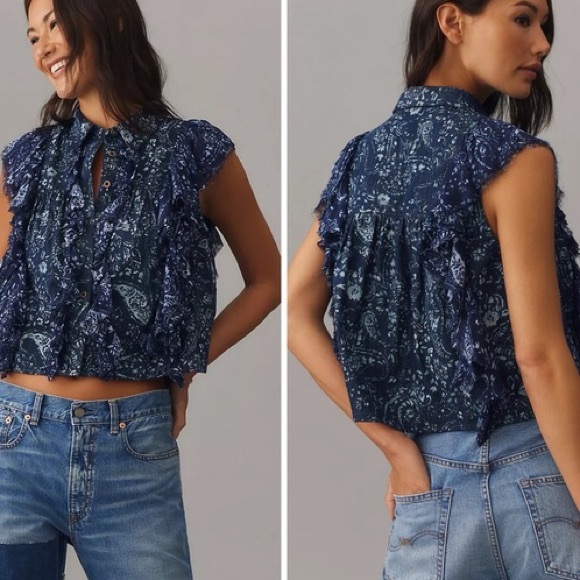 Pilcro Sleeveless Ruffle Denim Blouse Button Front Distressed Paisley - Picture 2 of 16